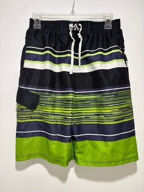 Boys Black, Lime & Navy Striped Swim Trunks